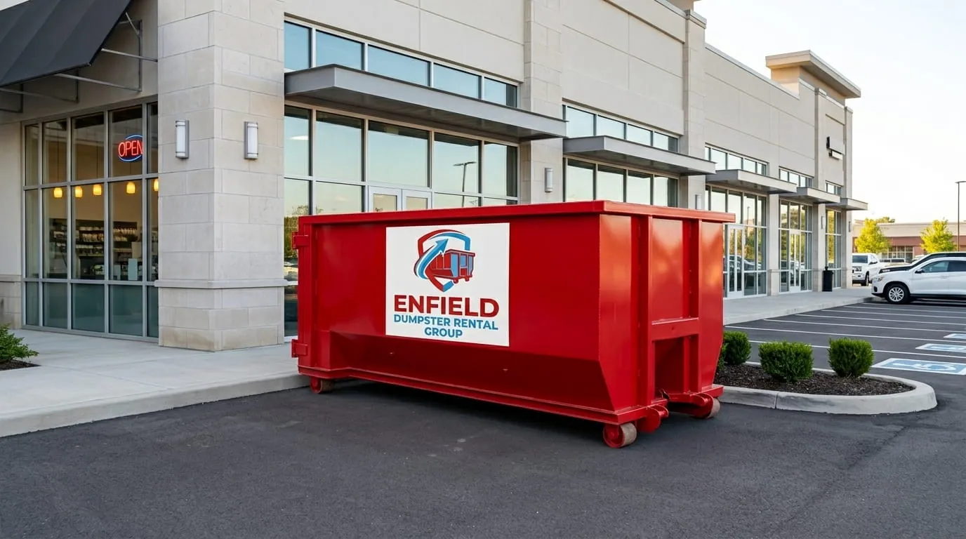 Commercial roll-off container at a retail storefront in Enfield, Connecticut Commercial roll-off container at a retail storefront in Enfield, Connecticut