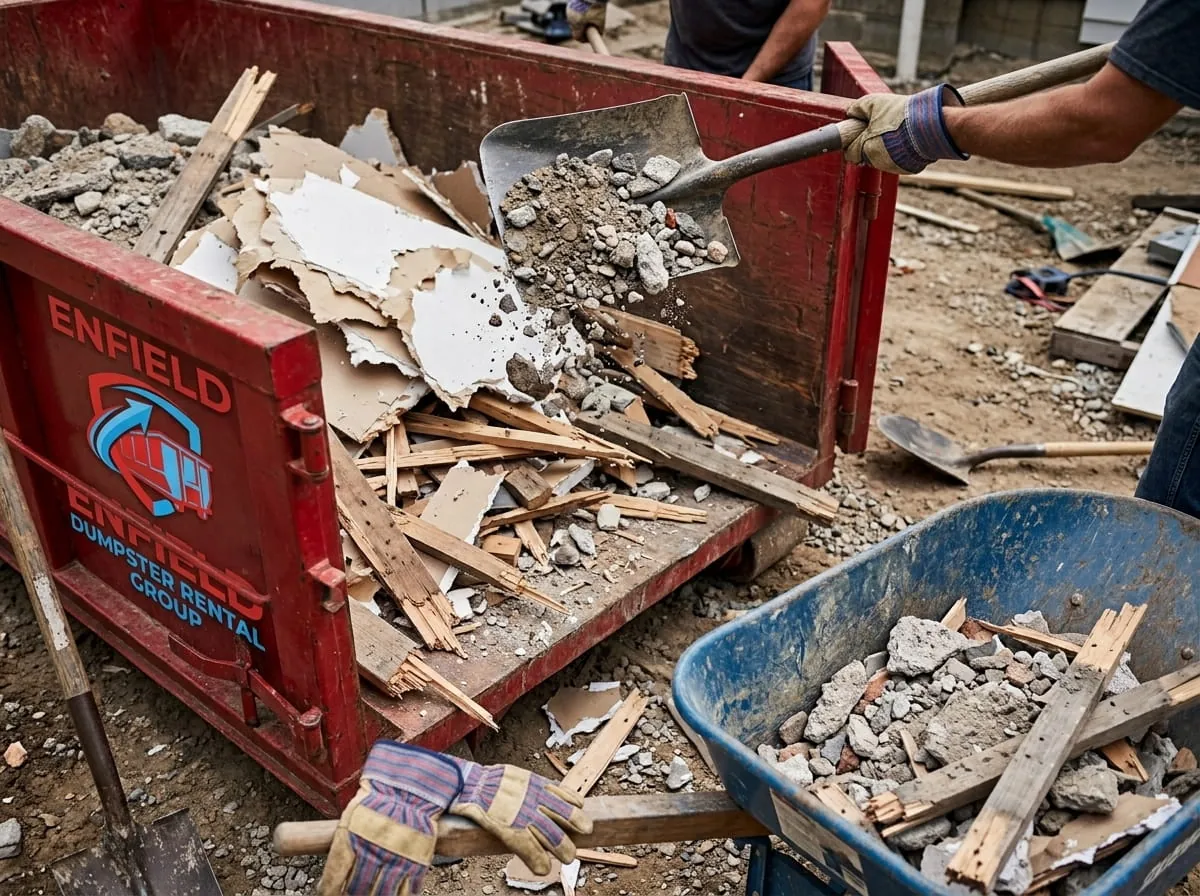 Broken drywall and rubble being loaded into a roll-off container in Enfield, Connecticut