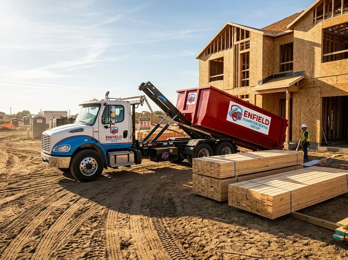 Roll-off truck delivering a container to a framing site in Enfield, Connecticut Roll-off truck delivering a container to a framing site in Enfield, Connecticut