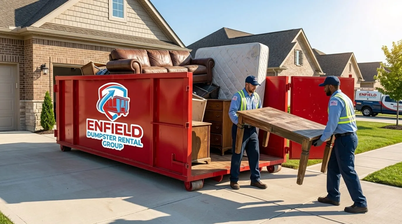 Crew loading bulky furniture and timber into a roll-off container in Enfield, Connecticut Crew loading bulky furniture and timber into a roll-off container in Enfield, Connecticut