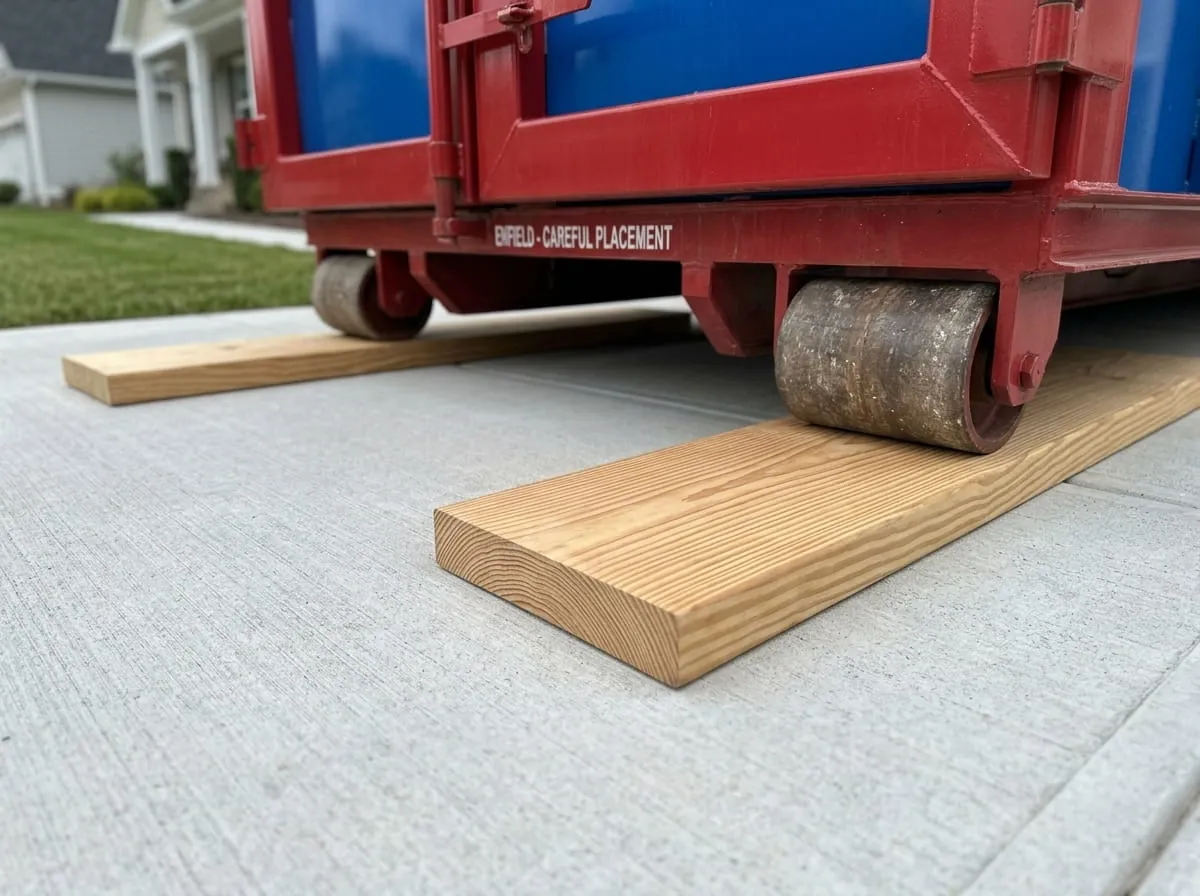 Close-up of roll-off dumpster wheels resting on a timber protection board
