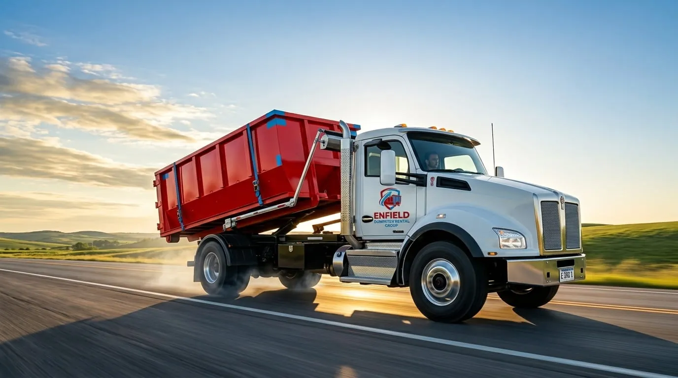 Enfield Dumpster Rental Group roll-off truck carrying a loaded container