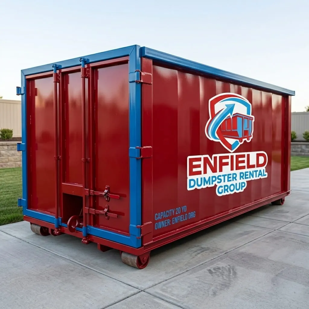 Red roll-off container product view showing size and dimensions in Enfield, Connecticut