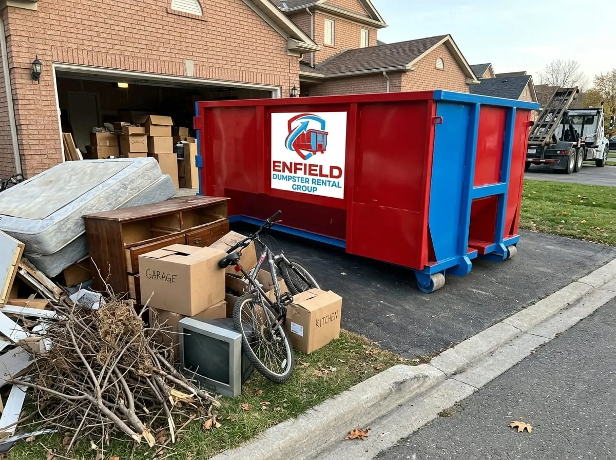 Roll-off container with household contents alongside during a cleanout in Enfield, Connecticut
