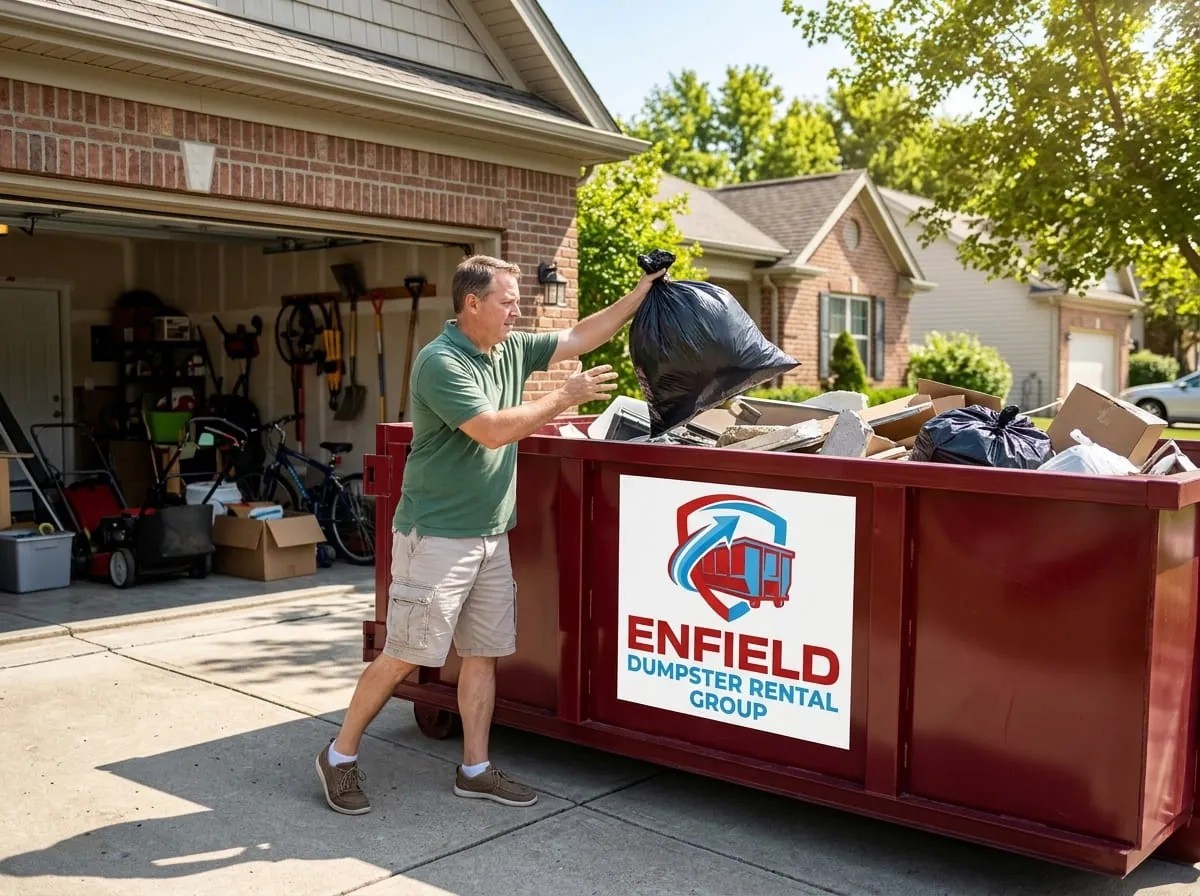 Homeowner loading a bag of household junk into a roll-off dumpster in Enfield, Connecticut