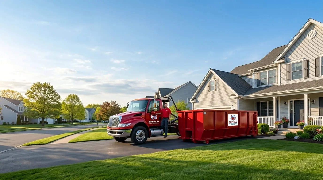 Enfield Dumpster Rental Group roll-off container and truck working a job in Hartford County Enfield Dumpster Rental Group roll-off container and truck working a job in Hartford County