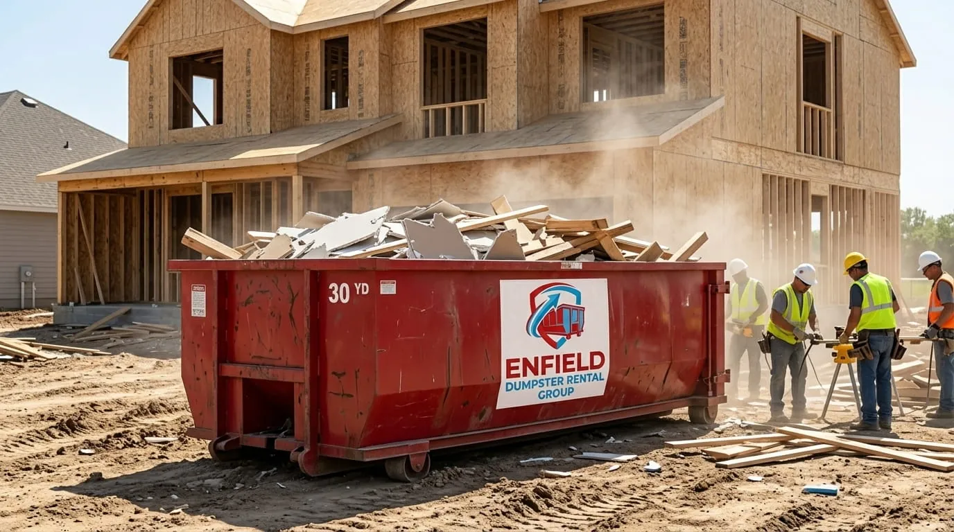 Roll-off container collecting debris at a framing site in Enfield, Connecticut