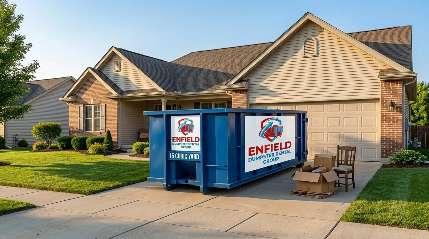 Roll-off container on a residential driveway during a clear-out in Enfield, Connecticut